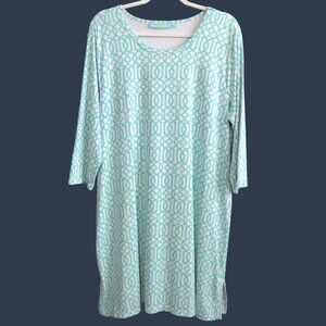 Anthonys Resort Wear Geometric Shift Dress Womens Size 1X Teal White Knee Length